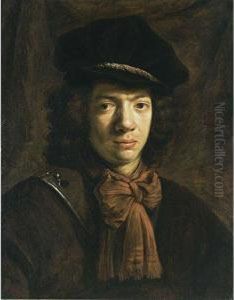 A Portrait Of A Young Man, Bust 
Length, Wearing A Cuirass With A Red Shawl, A Cravat And A Beret