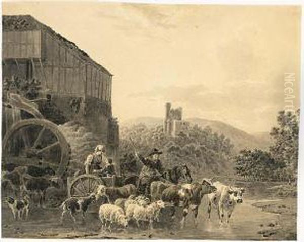 A Farmer Driving A Woman And
Child Across A Ford In A Horse And Cart, With His Herd Surrounding Him - view 1