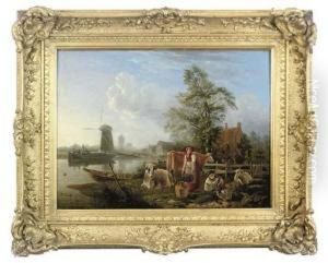 A Dutch Canal With A Milkmaid And Shepherd Boys