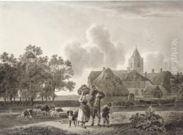 A Peasant Family Bearing Baskets Walking Beside A Canal, With A Village To The Right - view 1