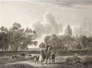 A Peasant Family Bearing Baskets Walking Beside A Canal, With A Village To The Right by Leendert de Koningh