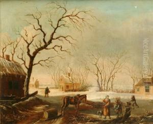 Firewood Gathers By A Frozen River In A Dutch Hamlet