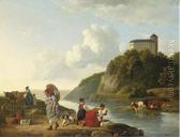 Washer Women At A Riverbank, A Castle Beyond - view 1
