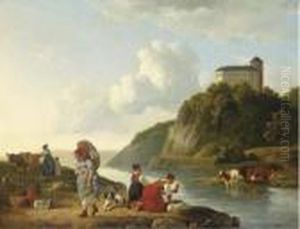 Washer Women At A Riverbank, A Castle Beyond by Leendert de Koningh