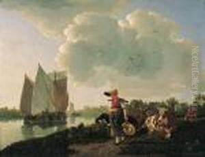A Milkmaid Walking Along A Waterway by Leendert de Koningh