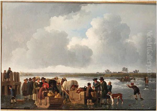 A Winter Landscape With 
Cattle-traders And Push- And Horse-drawnsledges On A Frozen River - view 1