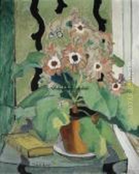 Stilleben Med Blomster Og Bok Olje Pa Lerret - view 1