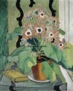Stilleben Med Blomster Og Bok Olje Pa Lerret by Julie Holmberg De Krohn
