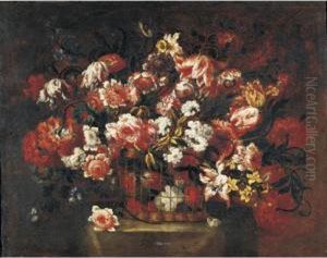 Still Life Of Flowers In A Basket by Gabriel De La Corte