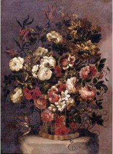 Still Life Of Flowers In A Woven Basket by Gabriel De La Corte