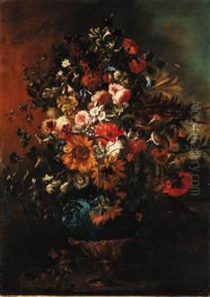 Roses, Sunflowers, Carnations,
Morning Glory, Lilies And Otherflowers In An Ornamental Vase - view 1