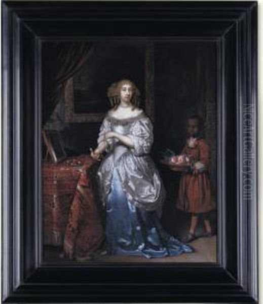 An Interior With A Young Lady In
 A Blue And White Satin Dress, Standing By A Dressing Table With A Page 
Carrying A Bowl Of Peaches - view 1