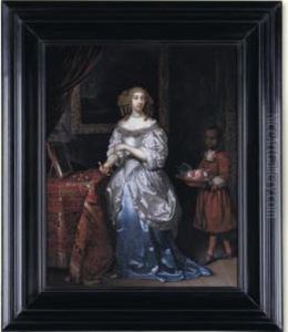 An Interior With A Young Lady In
 A Blue And White Satin Dress, Standing By A Dressing Table With A Page 
Carrying A Bowl Of Peaches by Regnier de La Haye