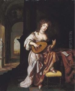 An Elegant Lady Playing The Lute, Seated By A Draped Table, Aterrace Beyond by Regnier de La Haye