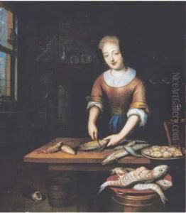A Young Lady Gutting Fish In An Interior by Regnier de La Haye