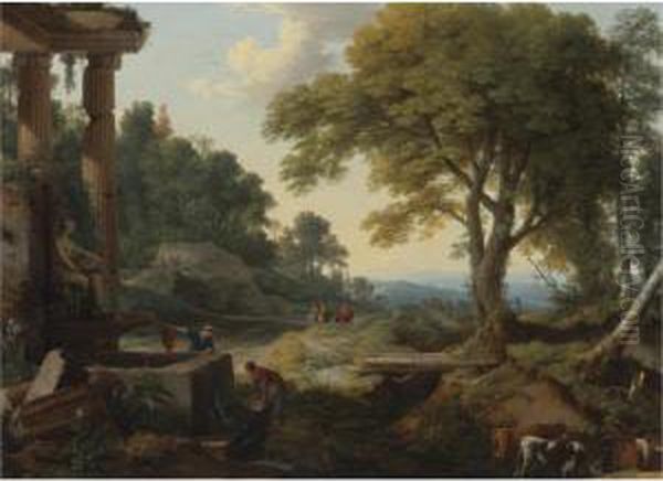 Landscape With Two Women At A
Fountain, A Herd Of Cows At A Streamand Travellers On Horseback - view 1