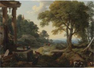 Landscape With Two Women At A
Fountain, A Herd Of Cows At A Streamand Travellers On Horseback by Laurent De La Hyre