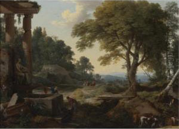 Landscape With Two Women At A
Fountain, A Herd Of Cows At A Stream And Travelers On Horseback - view 1