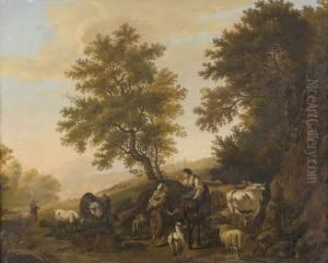 Landschaftspartie Mit Bauerinnen Und Viehherde An Einem Weg