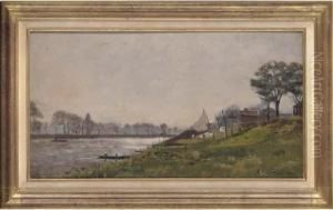 On The River Bank, St Denis by Emmanuel Victor Auguste Marie De La Villeon