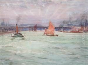 Barges And Paddle Tug On The Thames, Beforewaterloo Bridge by Charles John de Lacy