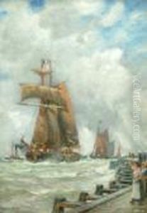 Figures On A Pier With Shipping Beyond On Rough Seas