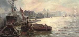 The Busy Docks At Greenwich by Charles John de Lacy