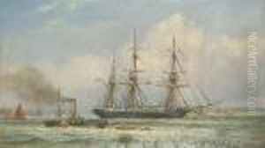 A Three-master And A Paddle Steamer In An Estuary by Charles John de Lacy