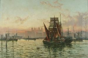 Shipping On The Thames At Dusk, With The Tower Of London In The Background