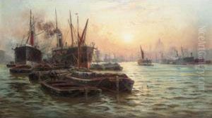 Shipping On The Thames At Sunset With St Paul's In The Distance