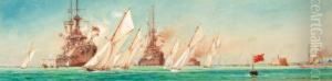 A Regatta At Spithead With Units Of The Fleet Lying At Anchor by Charles John de Lacy