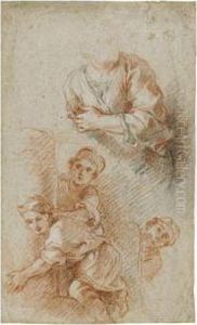 Three Children Peering From Behind A Column And A Study Of A Man'storso Three Children Peering From Behind A Column And A Study Of A Man'storso
