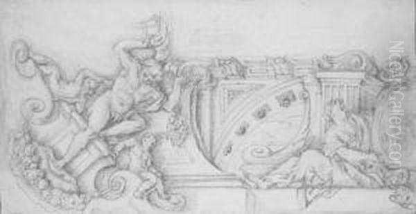 Projet De Voussure De Plafond: 
Un Atlante Soutenant Une Corniche Etune Femme Drapee Tenant Un Medaillon - view 1