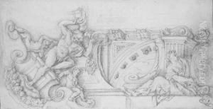 Projet De Voussure De Plafond: 
Un Atlante Soutenant Une Corniche Etune Femme Drapee Tenant Un Medaillon
