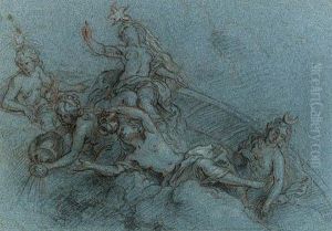 Diana, Aurora And Another Figure
With Two Horae Pouring Dew, Thezodiacal Arc In The Background Diana, Aurora And Another Figure
With Two Horae Pouring Dew, Thezodiacal Arc In The Background