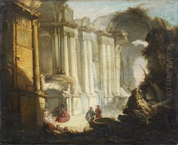 Les Ruines D'une Galerie Romaine Avec Des Elegants Au Pied D'une Fontaine - view 1