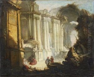 Les Ruines D'une Galerie Romaine Avec Des Elegants Au Pied D'une Fontaine