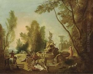 Elegant Company Making Music And
 Resting Near A Sculpted Fountain Of Diana In A Park Landscape
