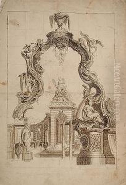 View, Within A Rococo Cartouche, Of A Fantasy Courtyard With A Colonnade Surmounted By
Seated On A Fountain: Design For An Allegorical Frontispiece - view 1