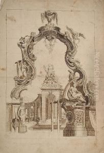 View, Within A Rococo Cartouche, Of A Fantasy Courtyard With A Colonnade Surmounted By 
 Seated On A Fountain: Design For An Allegorical Frontispiece