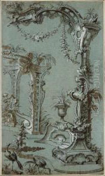 A Rocaille Fantasy With A Garden
Decorated With A Rococo Trellis, A Fountain With Two Dolphins In The
Background And Two Herons In The Foreground - view 1