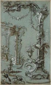 A Rocaille Fantasy With A Garden
 Decorated With A Rococo Trellis, A Fountain With Two Dolphins In The 
Background And Two Herons In The Foreground