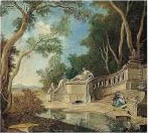A Young Couple Upon An Ornamental Staircase by Jacques de Lajoue