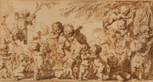 Putti Jouant Avec De La Vegetation Pres D'un Arbre - view 1