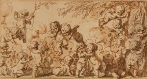 Putti Jouant Avec De La Vegetation Pres D'un Arbre by Louis-Felix De Larue