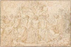 Fete De Pan Avec Silene
 Plume Et Encre Brune Sur Traits De Crayon Noir, Lavis Brun by Louis-Felix De Larue