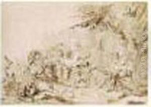 Scene De Bacchanale : A Gauche 
Des Faunes Enleve Une Femme ; A Droite, Au Dessus D'un Enchevetrement De
 Corps, Des Faunes Attirent Une Femme Sur Un Tertre.