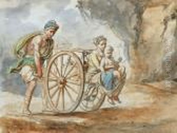 Attribuito/attributed Giovane Madre Con Bambino Seduti Su Un Carro Spinto Da Un Uomo - view 1