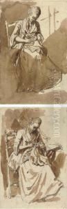 A Seated Woman Sewing; And A Seated Woman Working At Her Embroidery by Etienne de Lavallee-Poussin