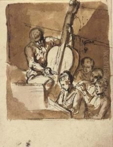Musicians Playing The Double Bass by Etienne de Lavallee-Poussin